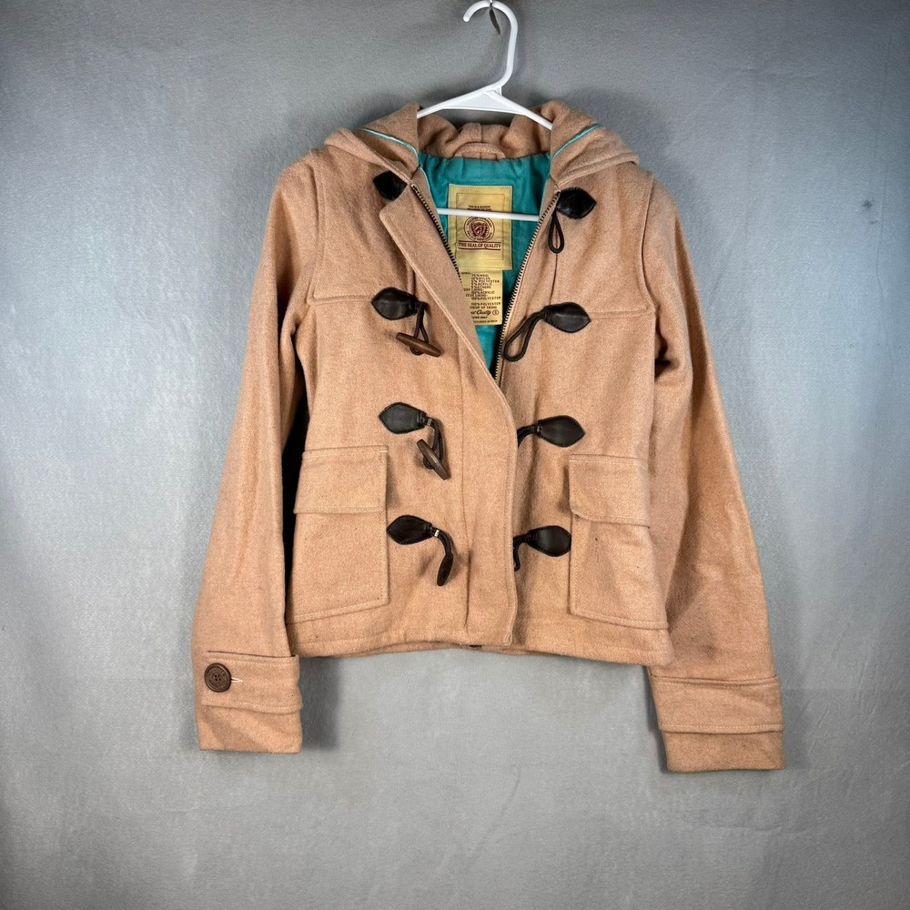 Hollister Womens Wool Blend Duffle Coat Tan Camel Hooded Toggle Jacket Small